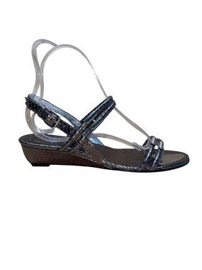 Stuart Weitzman Women’s Silver Snake Print Slingback Wedge Sandals Size 9.5